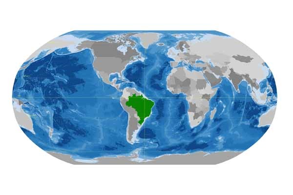 Mapa do Mundo em comemoração ao 2º Centenário da Independência 2022. Impresso. 100x150cm. Acervo de Paulo Protasio – Brasil. Celebrando os 200 anos do Brasil como nação independente, produzimos este mapa mundial com o Brasil no centro. A ideia é trazer maior clareza de nossa posição no mundo e nos instimular a perceber nosso próprio protagonismo. A posição autocentrada nos permite visualizar o campo de ressonância de nossas ações no mundo e, também, compreender as forças que nos afetam. Outro efeito é nos apresentar os três oceanos por inteiro. A percepção de que estamos cercados de oceanos, não apenas nos dá a dimensão de nossa possiblidade de comunicação com todos os continentes e todas as nações, como também nos convida para uma ação responsável com esse ambiente que é o berço da vida na Terra. A produção desse mapa contou com o apoio do 5º Centro de Geoinformação do Exército Brasileiro.