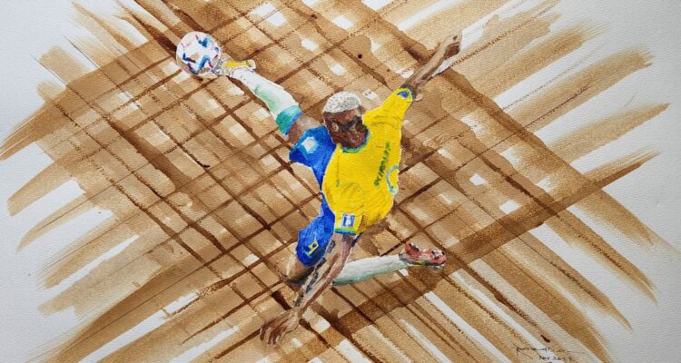 Artista do Qatar retratou gol de Richarlison usando café e aquarela. Foto: Divulgação.